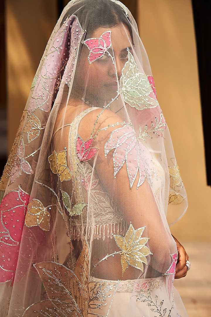 Multi-Colored Net Floral Motifs Embroidered Bridal Lehenga Set by Seema Gujral at Pernia's Pop Up Shop