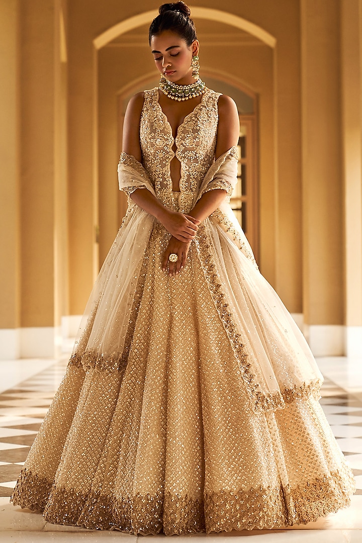 Ivory & Golden Embroidered Bridal Lehenga Set by Seema Gujral at Pernia's Pop Up Shop