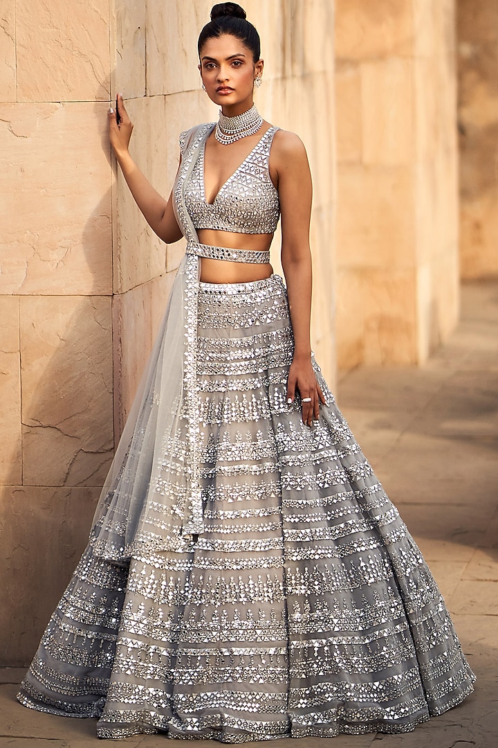 Grey & Silver Embroidered Lehenga Set by Seema Gujral