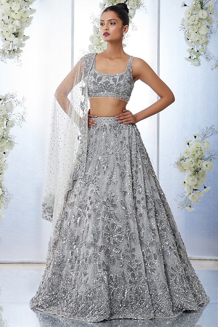 Silver-Grey Embroidered Lehenga Set by Seema Gujral