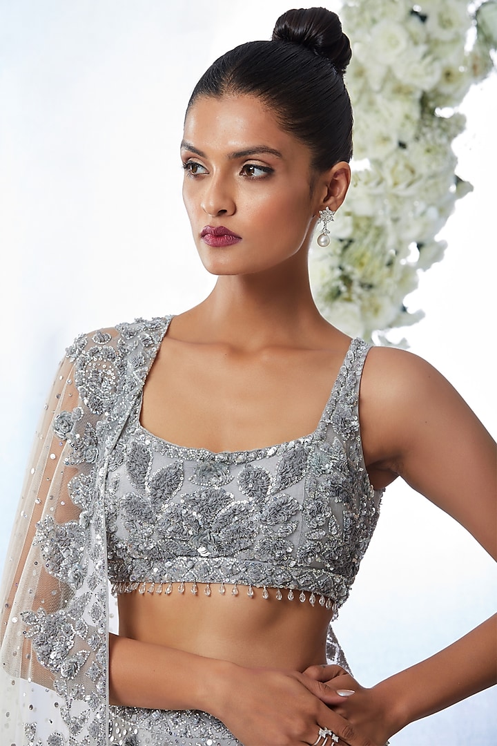 Silver-Grey Embroidered Bridal Lehenga Set by Seema Gujral at Pernia's Pop Up Shop