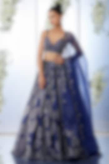 Navy Blue Embroidered Lehenga Set by Seema Gujral
