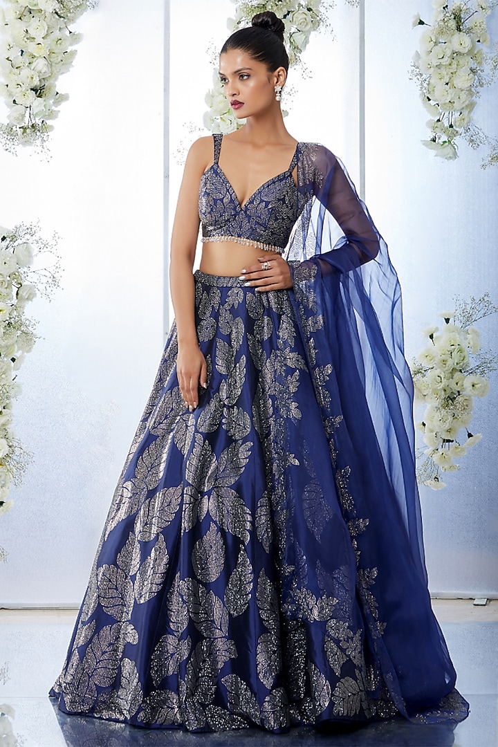 Navy Blue Embroidered Lehenga Set by Seema Gujral