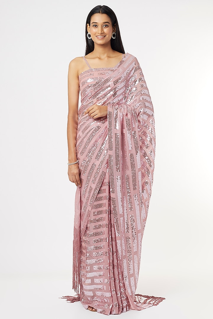 Metallic Pink Embroidered Saree by Seema Gujral
