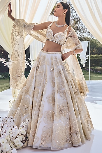 White Applique Embroidered Bridal Lehenga Set by Seema Gujral at Pernia's Pop Up Shop