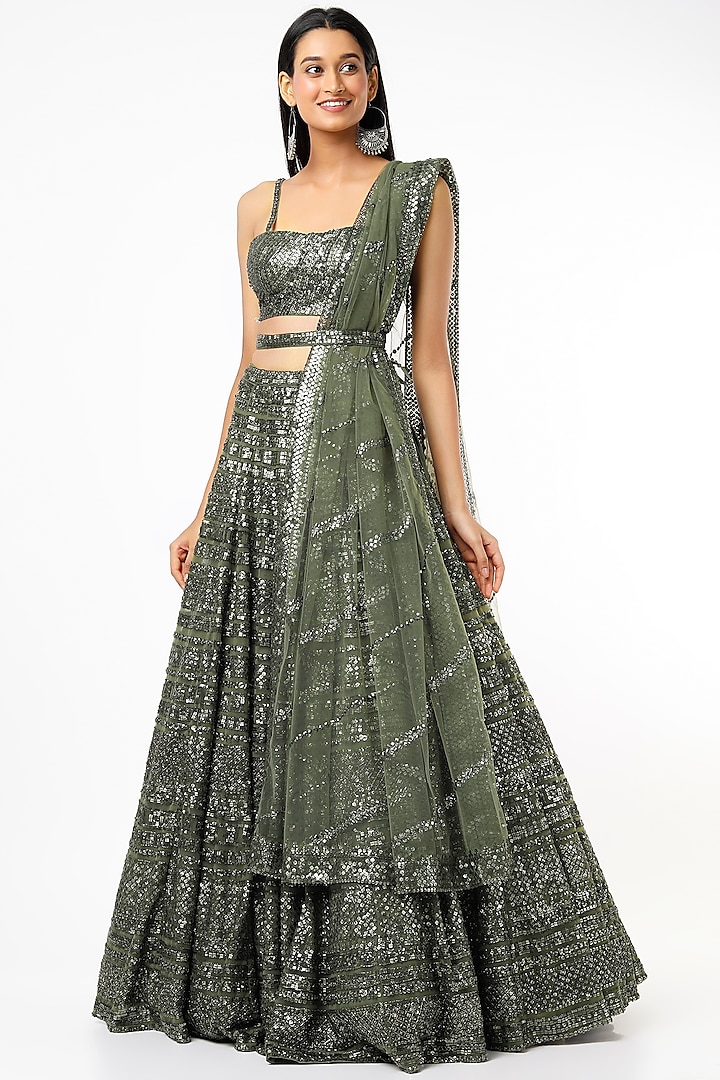 Olive Green Embroidered Lehenga Set by Seema Gujral