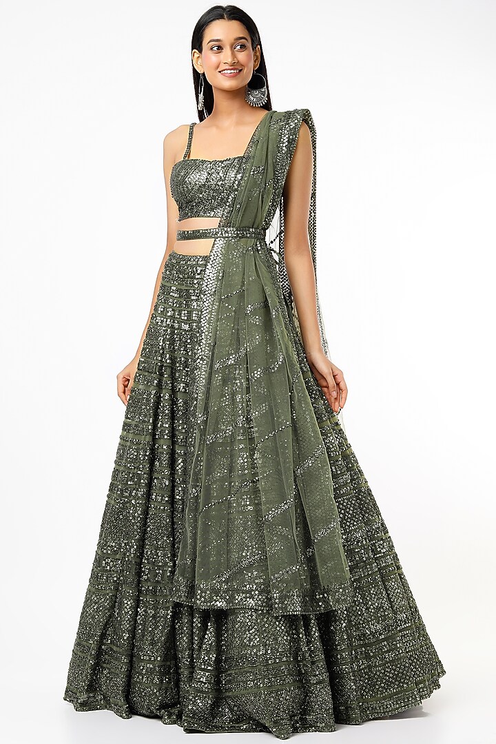 Olive Green Embroidered Bridal Lehenga Set by Seema Gujral at Pernia's Pop Up Shop