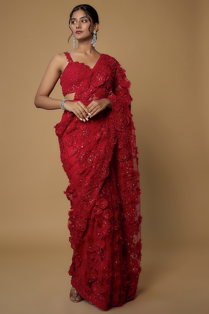 Ruby Red Net Hand Embroidered Saree Set Design by Seema Gujral at
