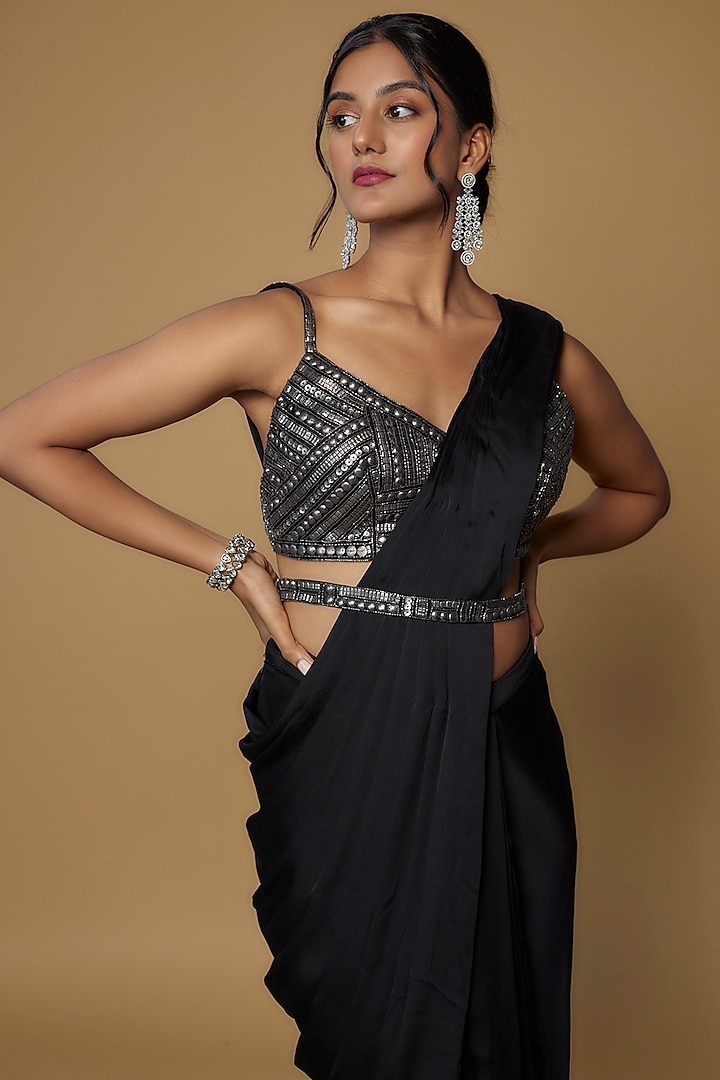 Black Satin Pre-Draped Wedding Saree Set by Seema Gujral at Pernia's Pop Up Shop