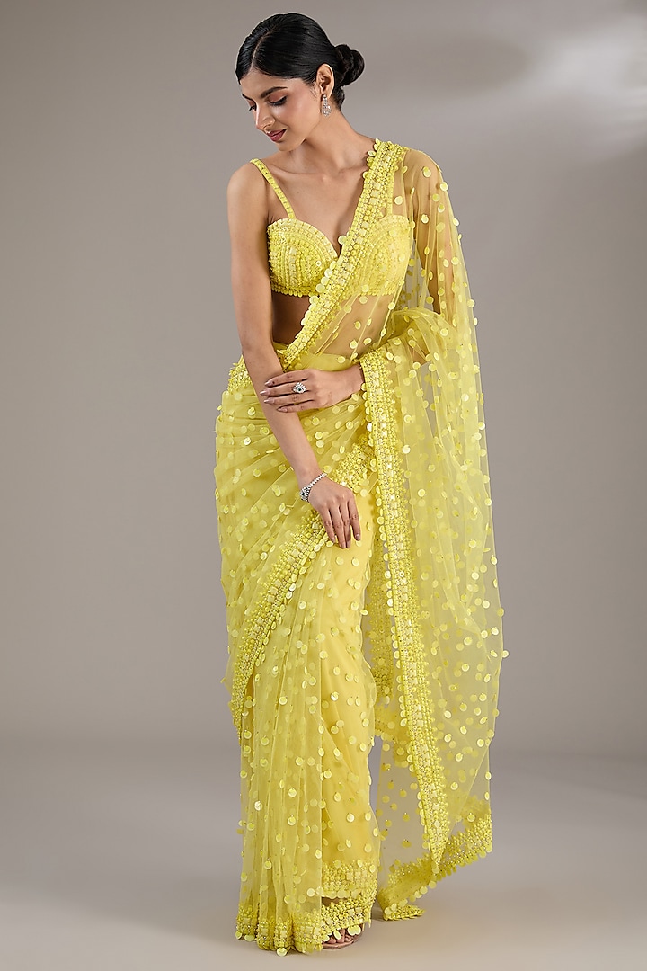 Yellow Net Sequins Embroidered Saree Set by Seema Gujral at Pernia's Pop Up Shop