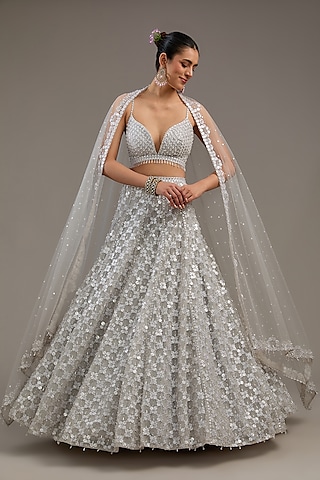 Greyish Silver Net Hand Embroidered Lehenga Set by Seema Gujral