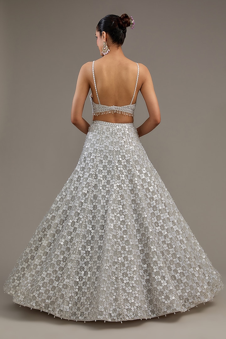 Greyish Silver Net Hand Embroidered Bridal Lehenga Set by Seema Gujral at Pernia's Pop Up Shop