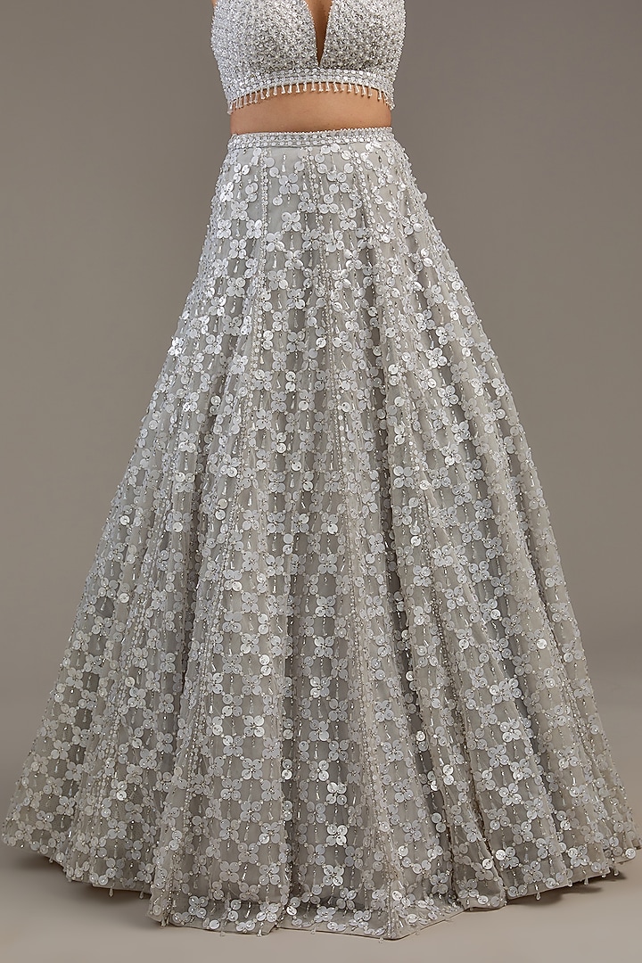 Greyish Silver Net Hand Embroidered Bridal Lehenga Set by Seema Gujral at Pernia's Pop Up Shop