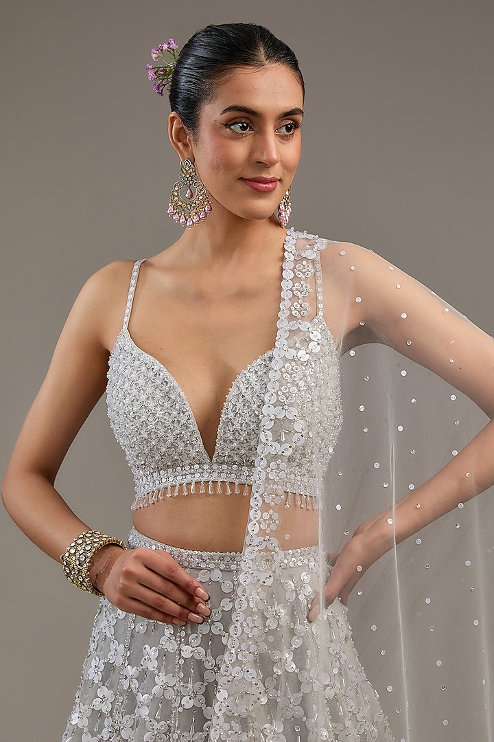 Greyish Silver Net Hand Embroidered Bridal Lehenga Set by Seema Gujral at Pernia's Pop Up Shop