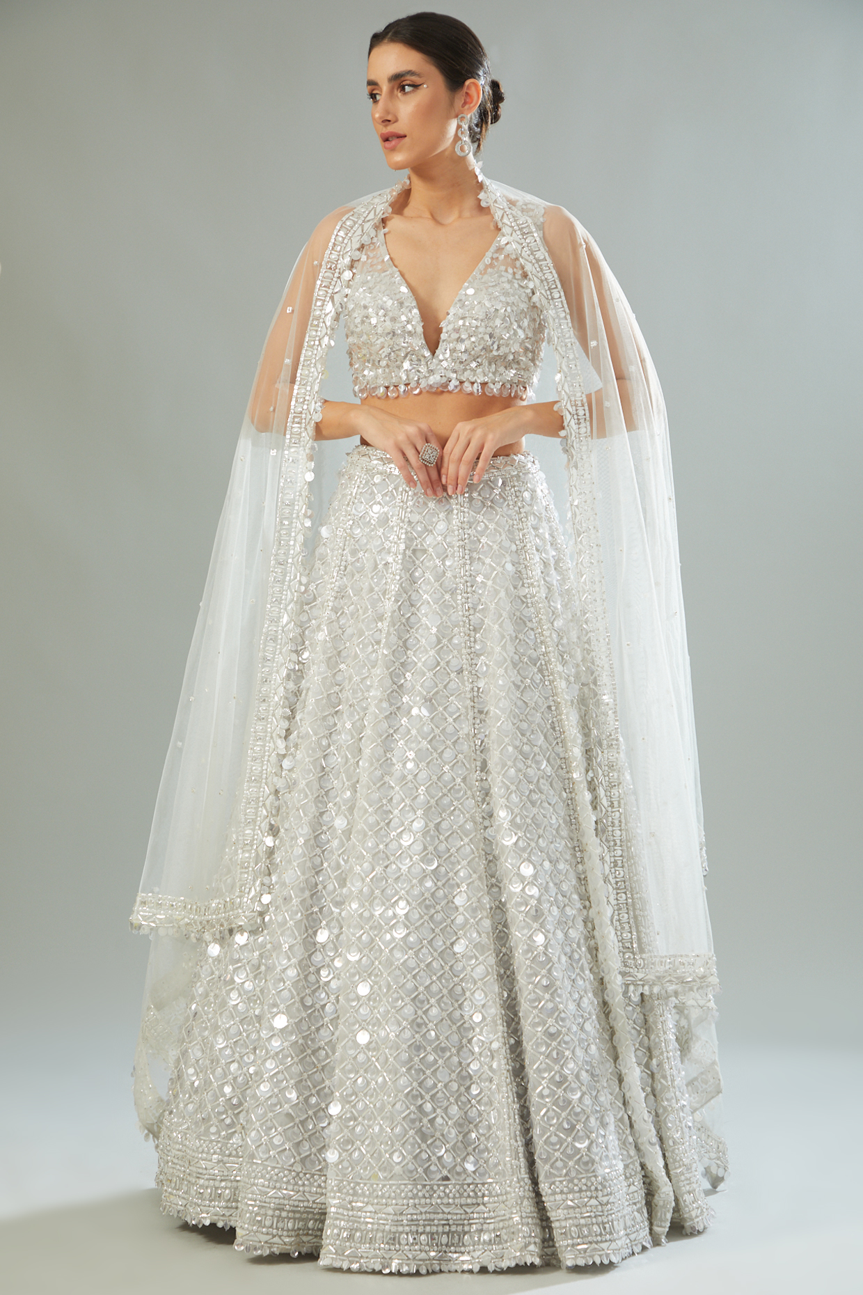 Silver Net Glass Embroidered Bridal Lehenga Set by Seema Gujral at Pernia's Pop Up Shop