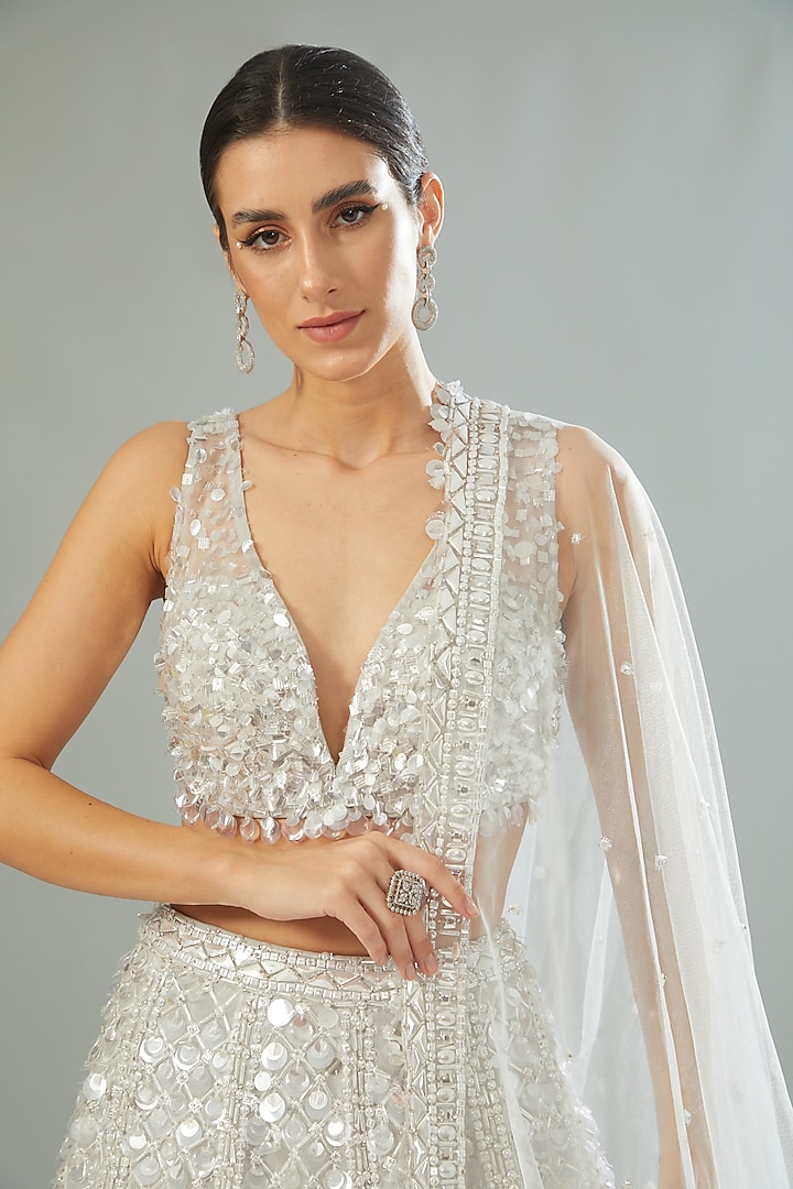Silver Net Glass Embroidered Bridal Lehenga Set by Seema Gujral at Pernia's Pop Up Shop