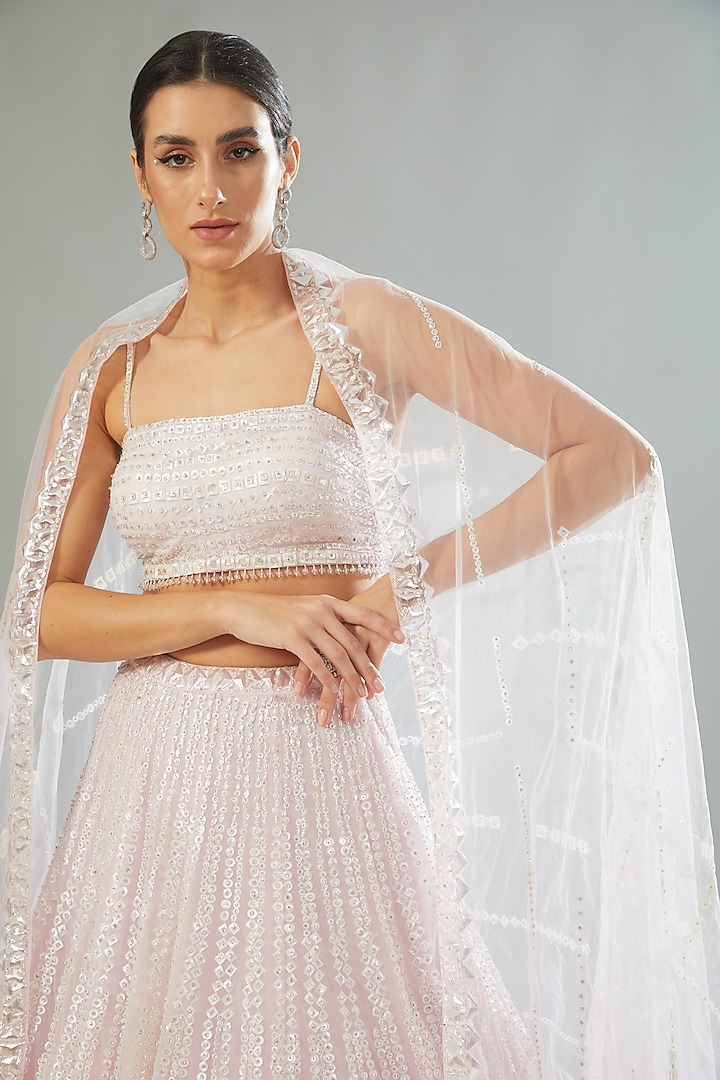 Powder Pink Net Sequins Embroidered Bridal Lehenga Set by Seema Gujral at Pernia's Pop Up Shop