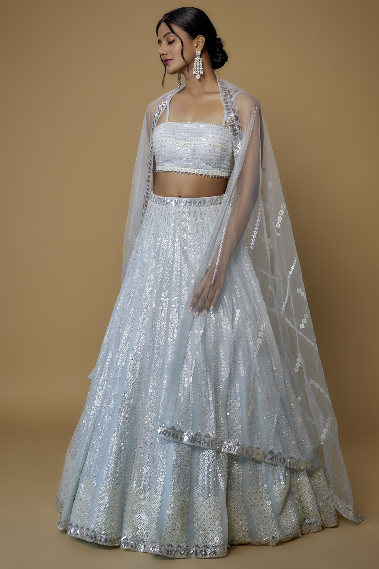 Powder Blue Net Sequins Embroidered Bridal Lehenga Set by Seema Gujral at Pernia's Pop Up Shop