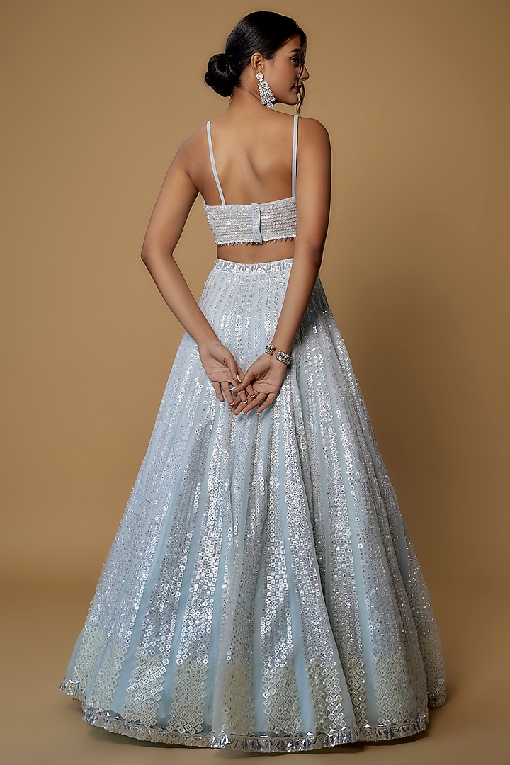 Powder Blue Net Sequins Embroidered Bridal Lehenga Set by Seema Gujral at Pernia's Pop Up Shop