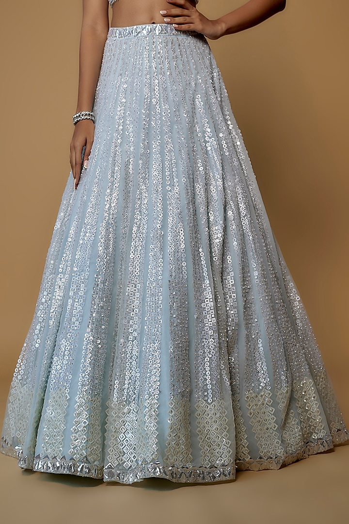 Powder Blue Net Sequins Embroidered Bridal Lehenga Set by Seema Gujral at Pernia's Pop Up Shop