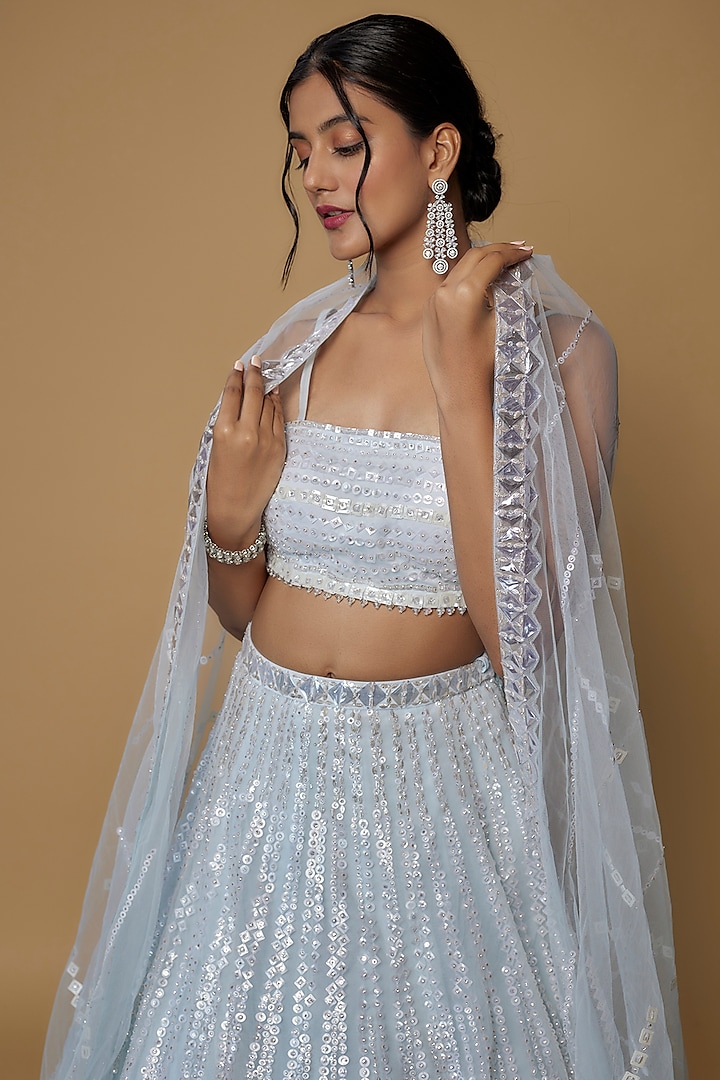 Powder Blue Net Sequins Embroidered Bridal Lehenga Set by Seema Gujral at Pernia's Pop Up Shop