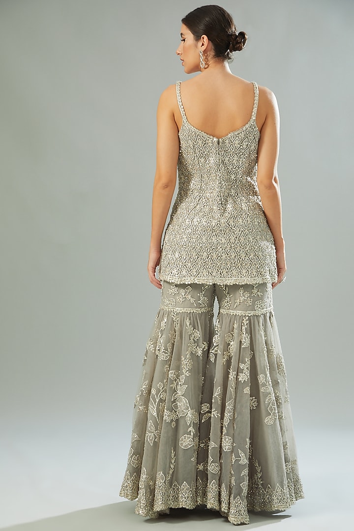 Grey Net Embroidered Bridal Sharara Set by Seema Gujral at Pernia's Pop Up Shop