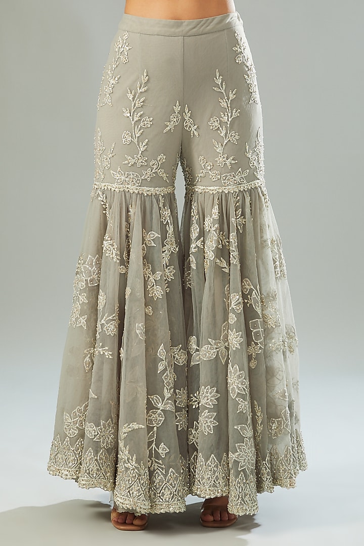 Grey Net Embroidered Bridal Sharara Set by Seema Gujral at Pernia's Pop Up Shop