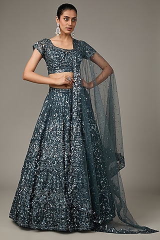 Dark Grey Net Sequins Embroidered Lehenga Set by Seema Gujral