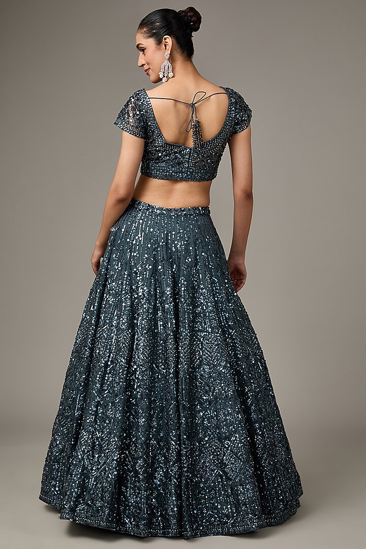 Dark Grey Net Sequins Embroidered Bridal Lehenga Set by Seema Gujral at Pernia's Pop Up Shop