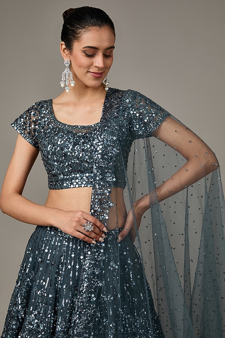 Dark Grey Net Sequins Embroidered Bridal Lehenga Set by Seema Gujral at Pernia's Pop Up Shop