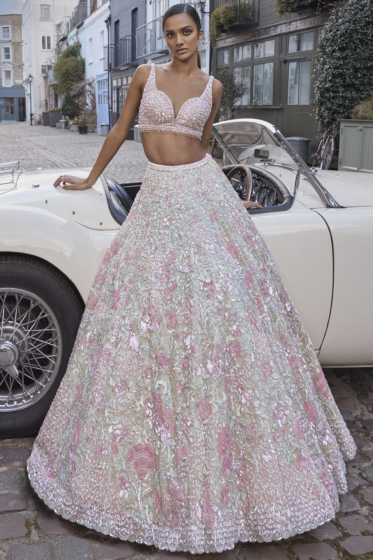 Sea Green Net Floral Embroidered Bridal Lehenga Set by Seema Gujral at Pernia's Pop Up Shop