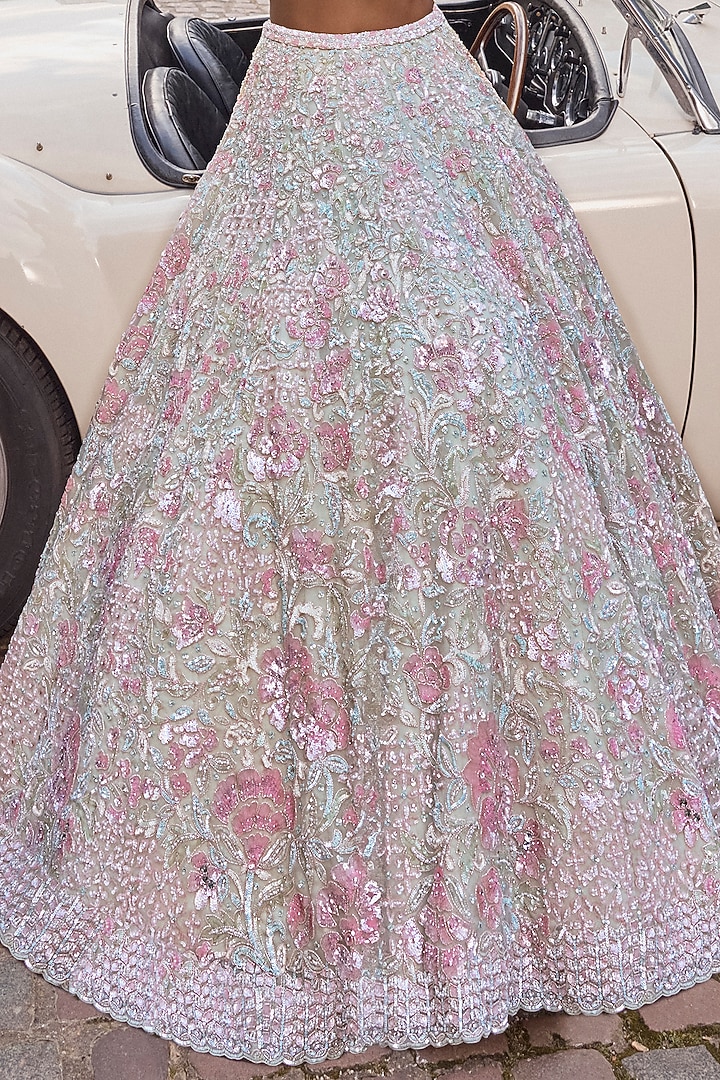 Sea Green Net Floral Embroidered Bridal Lehenga Set by Seema Gujral at Pernia's Pop Up Shop