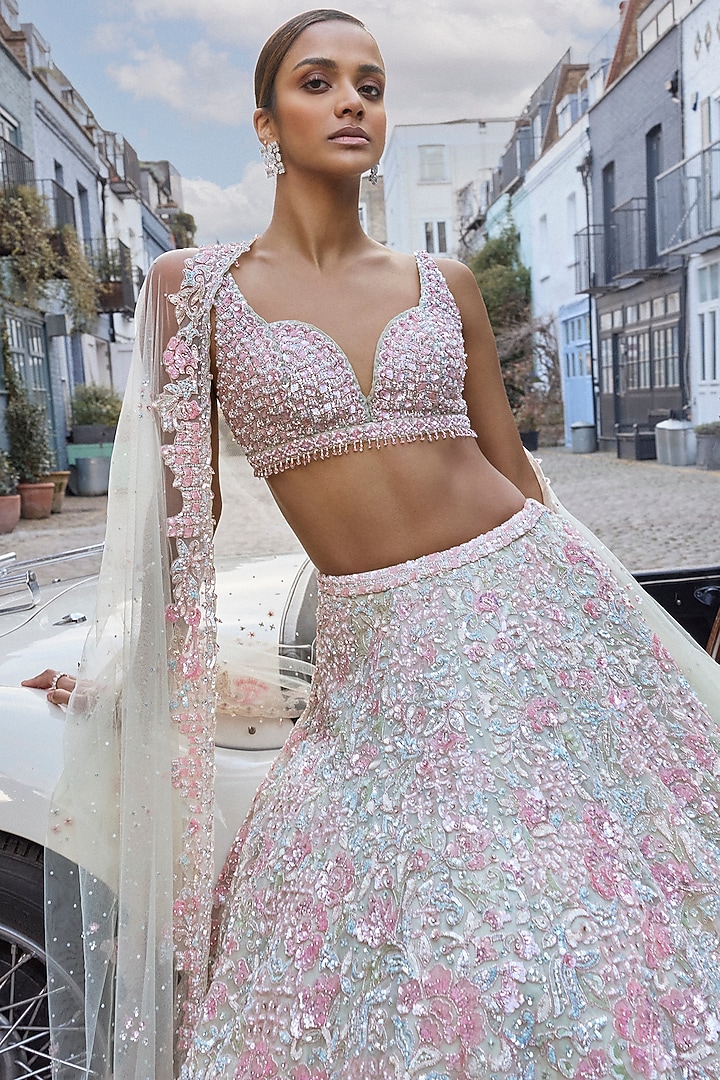 Sea Green Net Floral Embroidered Bridal Lehenga Set by Seema Gujral at Pernia's Pop Up Shop