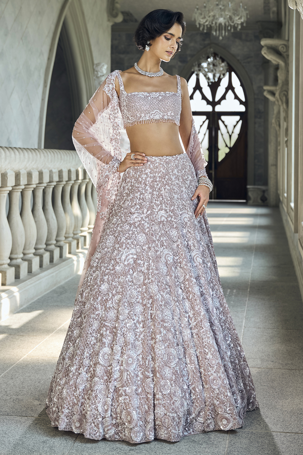 Mauve Net Crystal Embroidered Bridal Lehenga Set by Seema Gujral at Pernia's Pop Up Shop