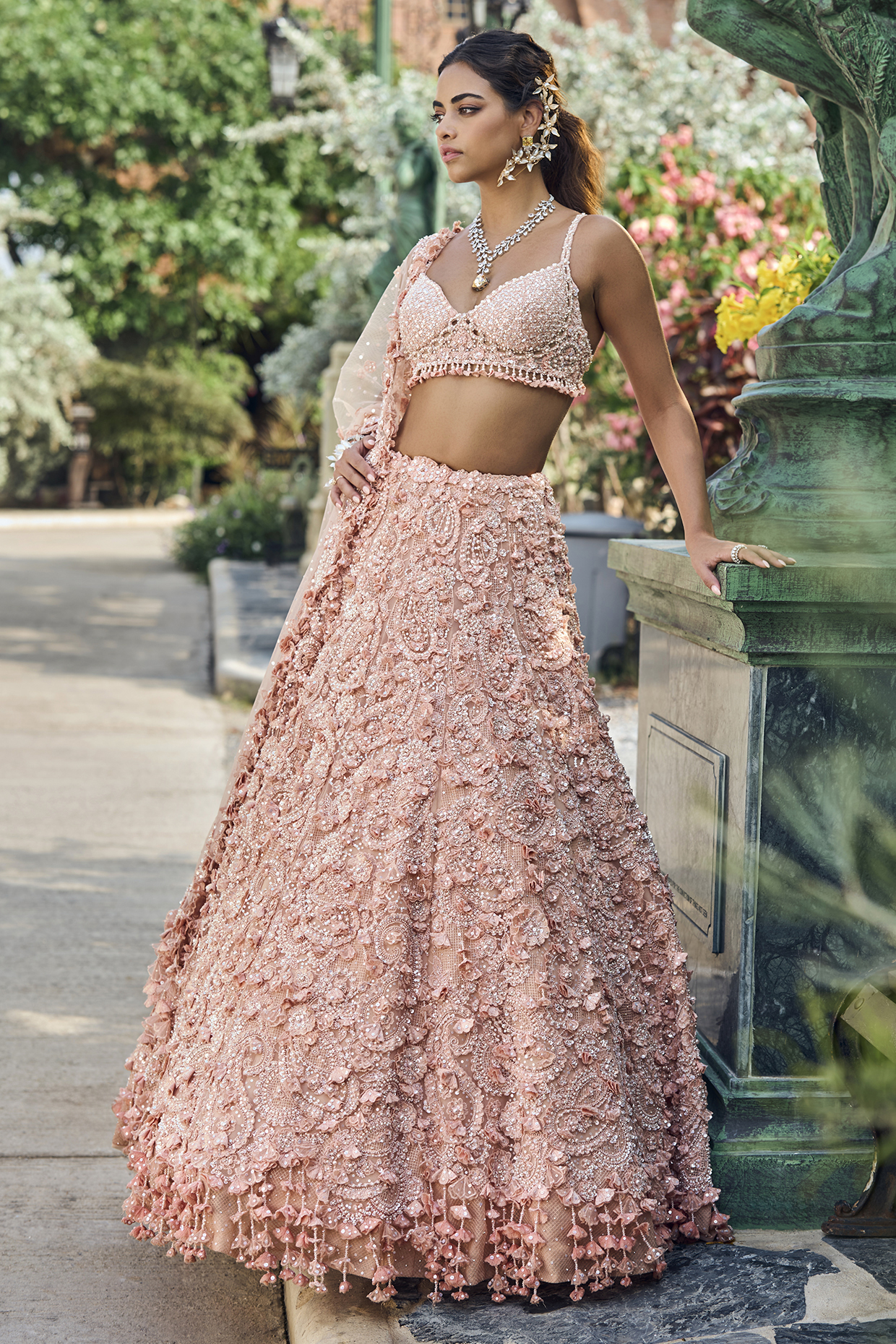 Peach Net Floral Embroidered Bridal Lehenga Set by Seema Gujral at Pernia's Pop Up Shop