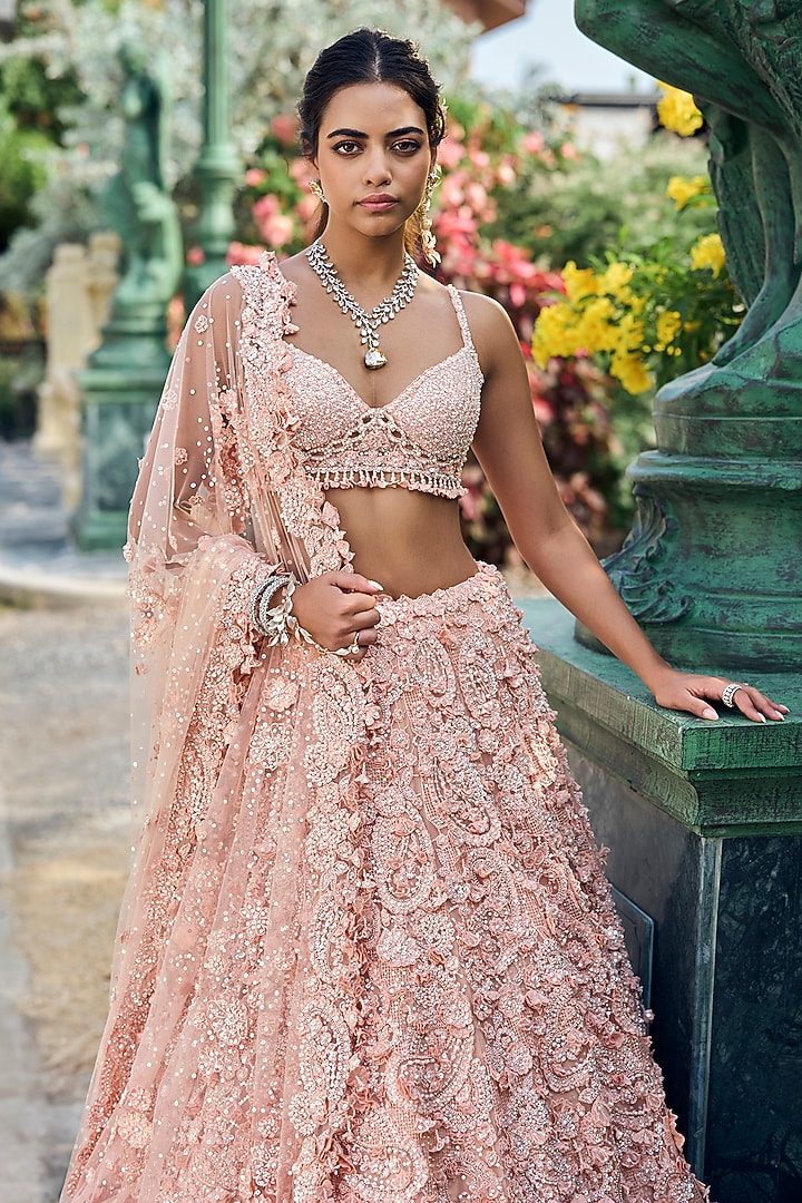 Peach Net Floral Embroidered Bridal Lehenga Set by Seema Gujral at Pernia's Pop Up Shop