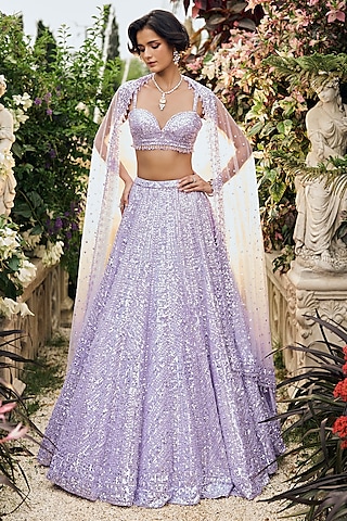 Lavender Net Sequins Embroidered Lehenga Set by Seema Gujral