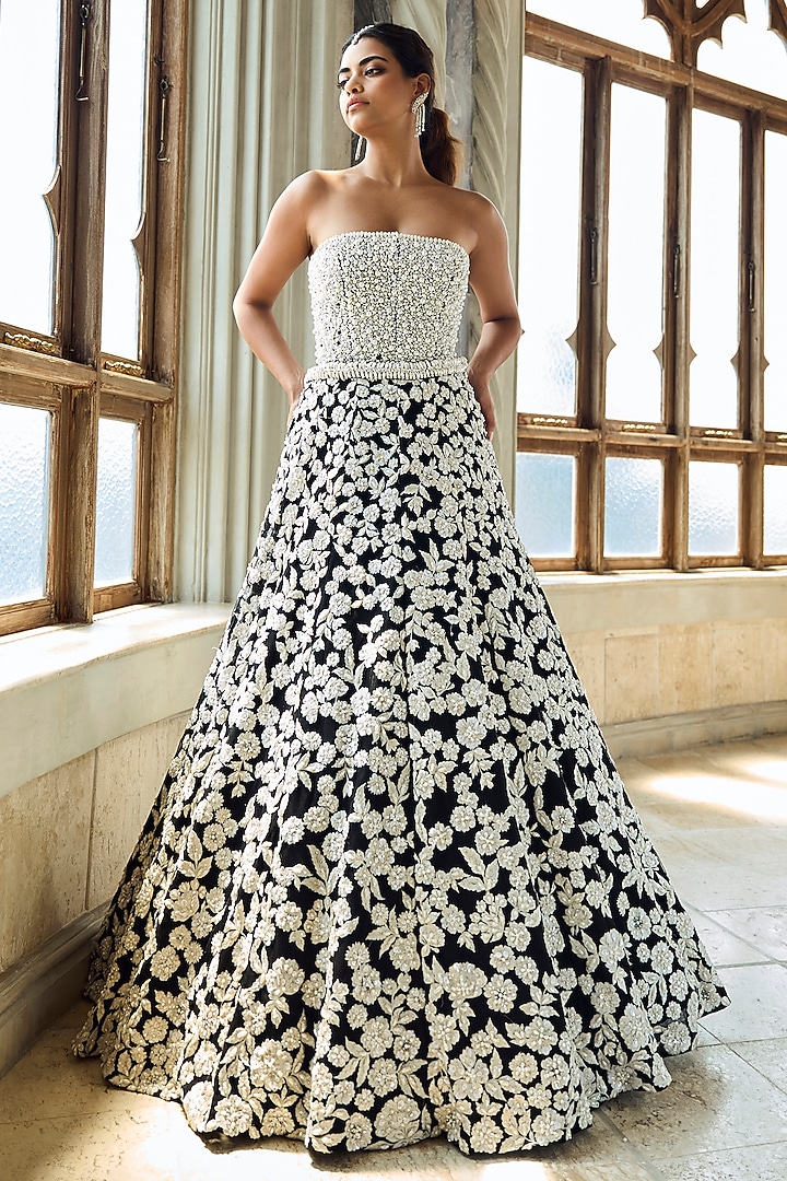 Black Net Pearl Embroidered Bridal Lehenga Set by Seema Gujral at Pernia's Pop Up Shop