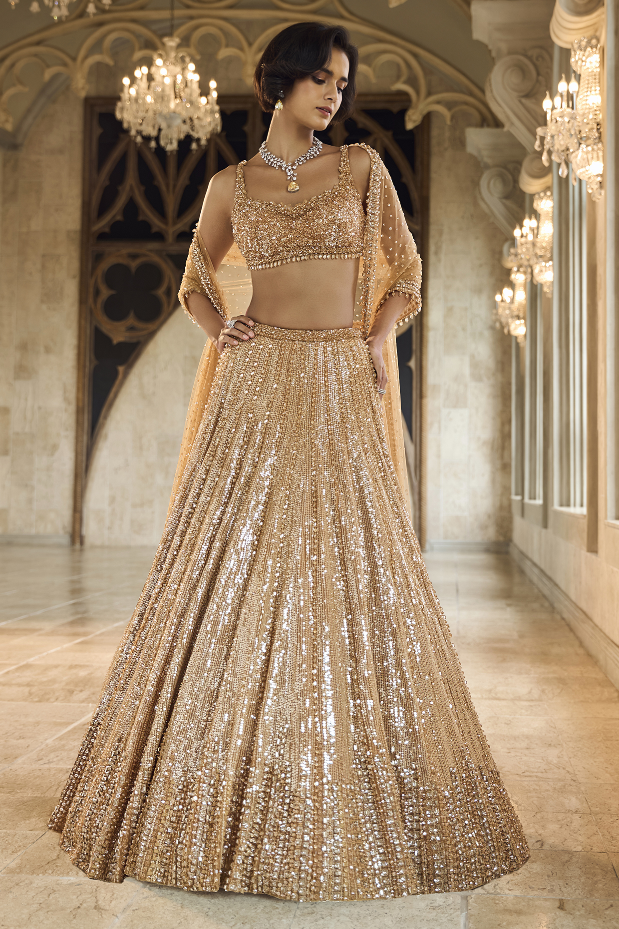 Copper Net Sequins Embroidered Bridal Lehenga Set by Seema Gujral at Pernia's Pop Up Shop