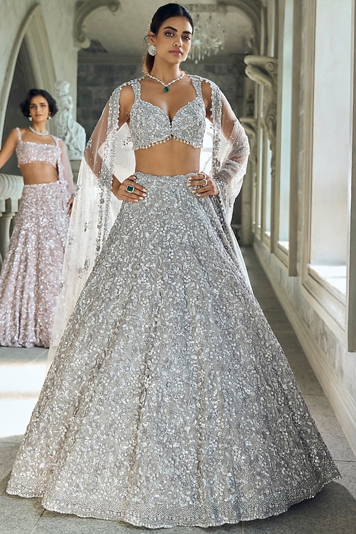 Silver Net Sequins Embroidered Bridal Lehenga Set by Seema Gujral at Pernia's Pop Up Shop