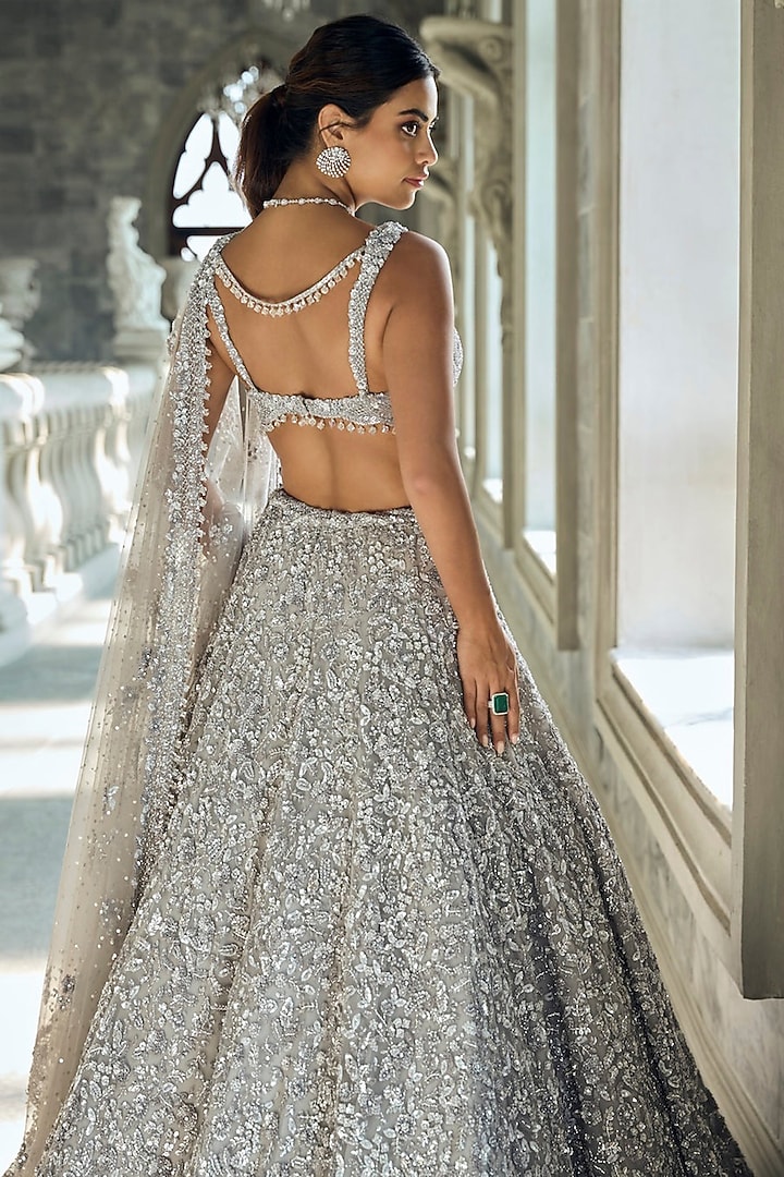 Silver Net Sequins Embroidered Bridal Lehenga Set by Seema Gujral at Pernia's Pop Up Shop