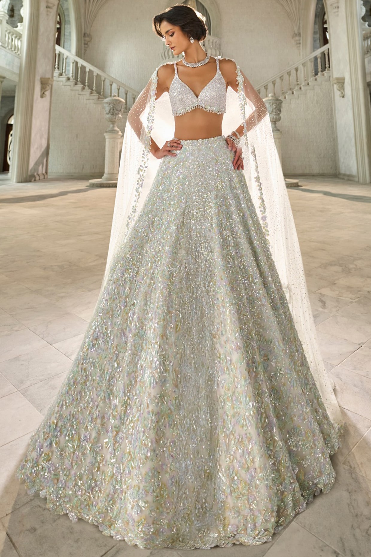 Seema Gujral Ivory & Blue Net Sequins Embroidered Lehenga Set