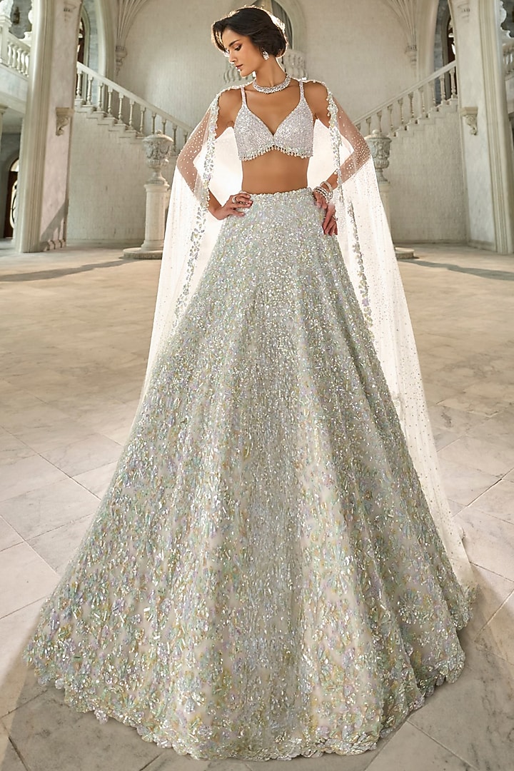 Ivory & Blue Net Sequins Embroidered Bridal Lehenga Set by Seema Gujral at Pernia's Pop Up Shop