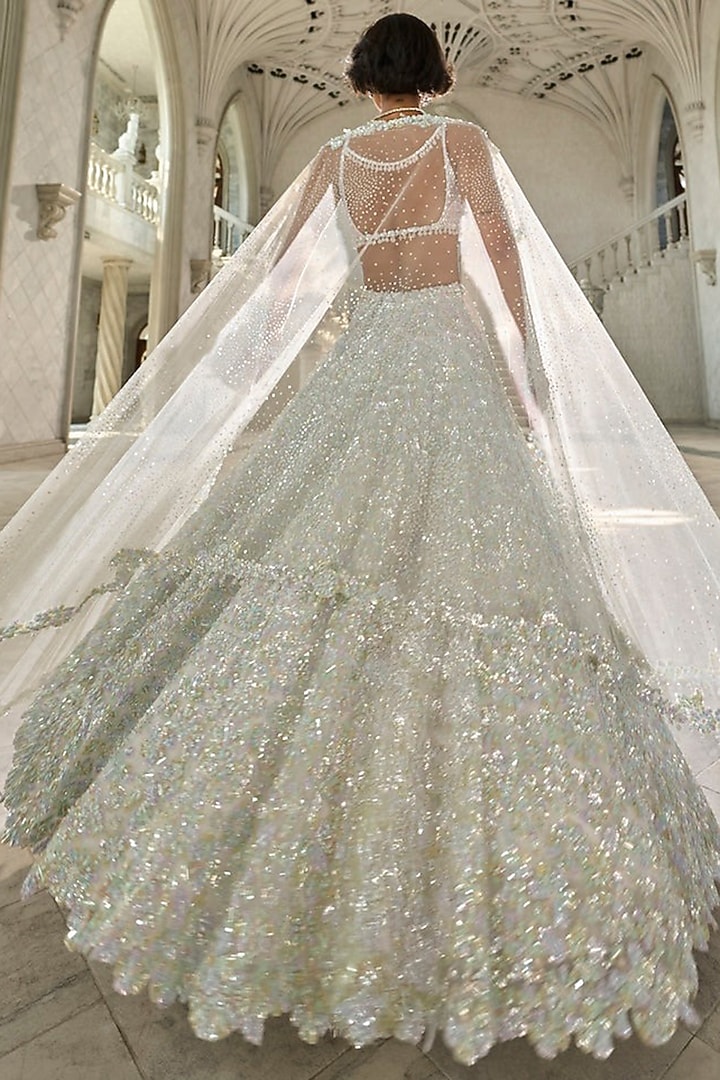 Ivory & Blue Net Sequins Embroidered Bridal Lehenga Set by Seema Gujral at Pernia's Pop Up Shop