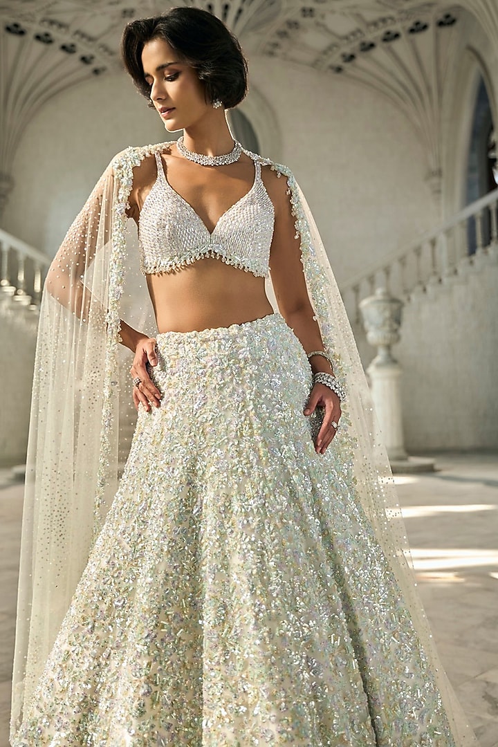 Ivory & Blue Net Sequins Embroidered Bridal Lehenga Set by Seema Gujral at Pernia's Pop Up Shop