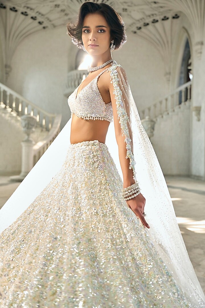 Ivory & Blue Net Sequins Embroidered Bridal Lehenga Set by Seema Gujral at Pernia's Pop Up Shop