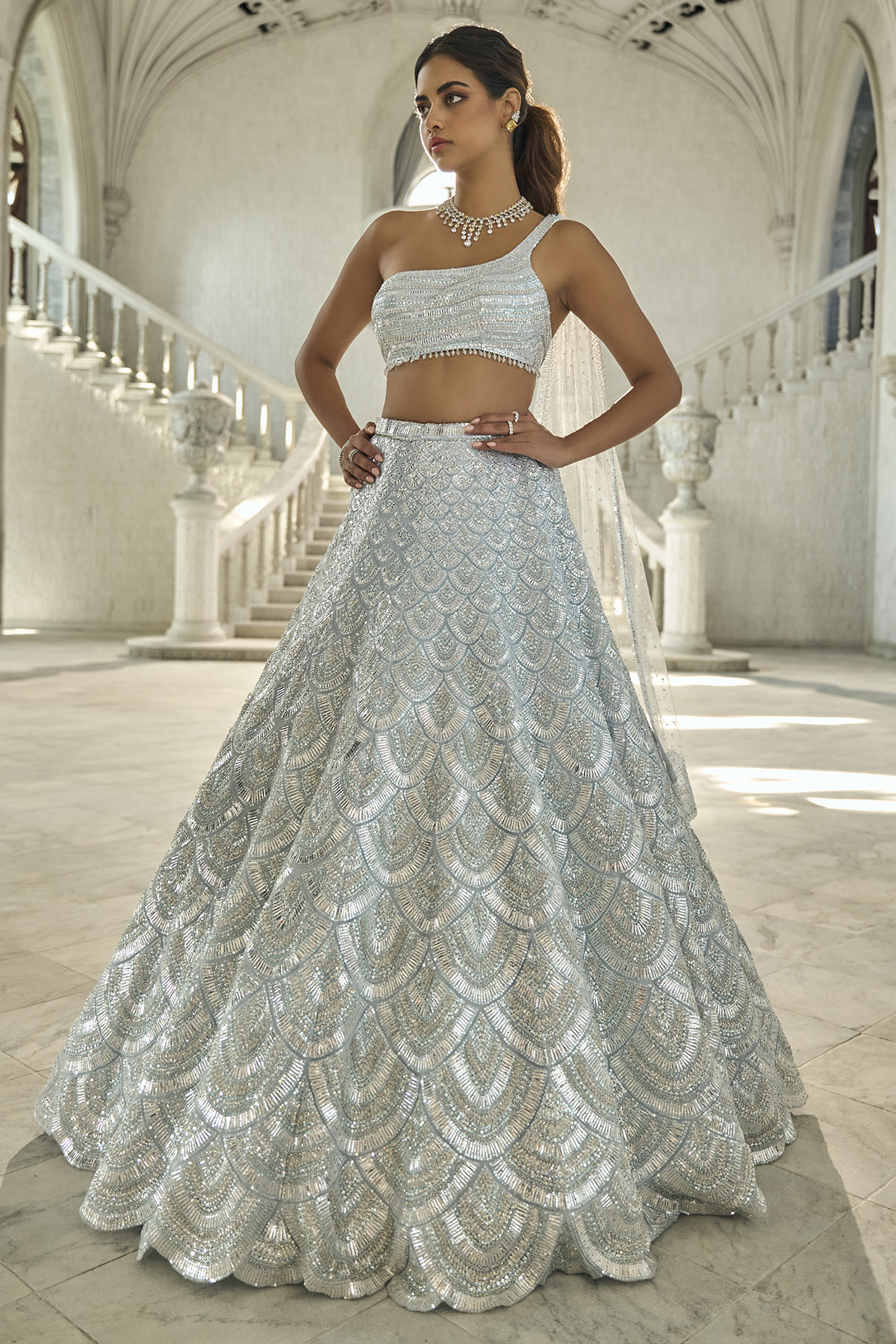 Powder Blue Net Sequins Embroidered Bridal Lehenga Set by Seema Gujral at Pernia's Pop Up Shop