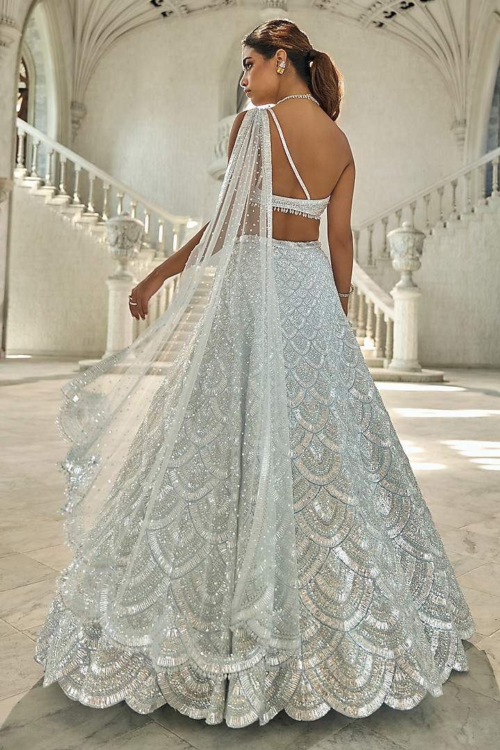 Powder Blue Net Sequins Embroidered Bridal Lehenga Set by Seema Gujral at Pernia's Pop Up Shop