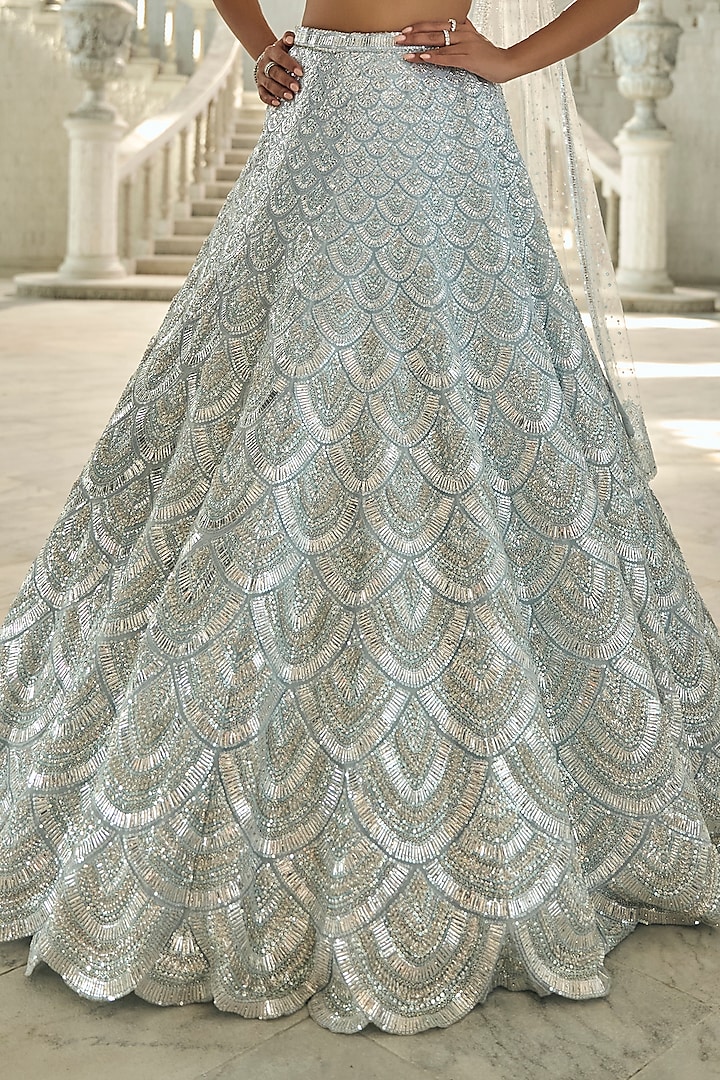 Powder Blue Net Sequins Embroidered Bridal Lehenga Set by Seema Gujral at Pernia's Pop Up Shop