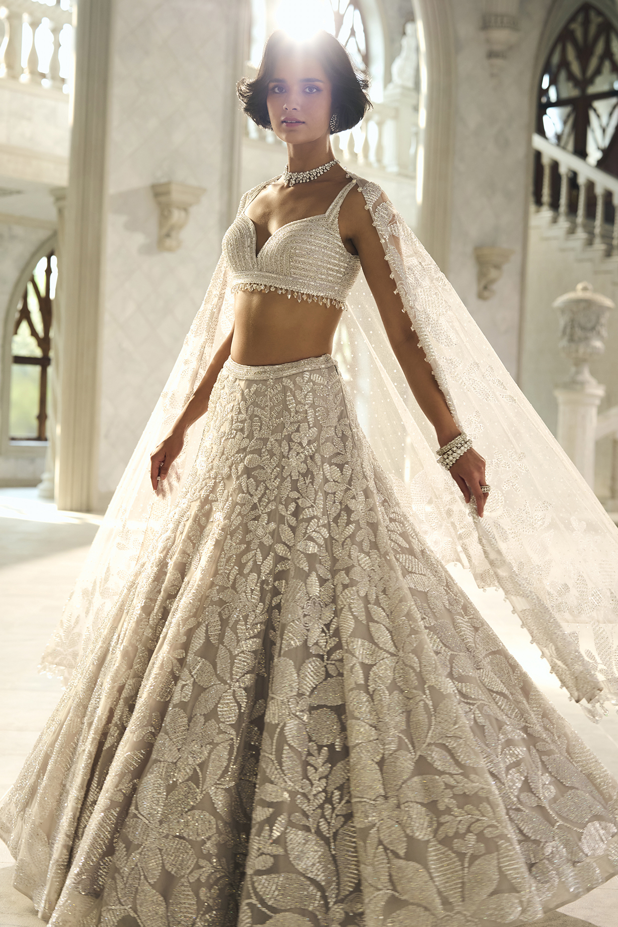 Silver Net Sequins Embroidered Bridal Lehenga Set by Seema Gujral at Pernia's Pop Up Shop